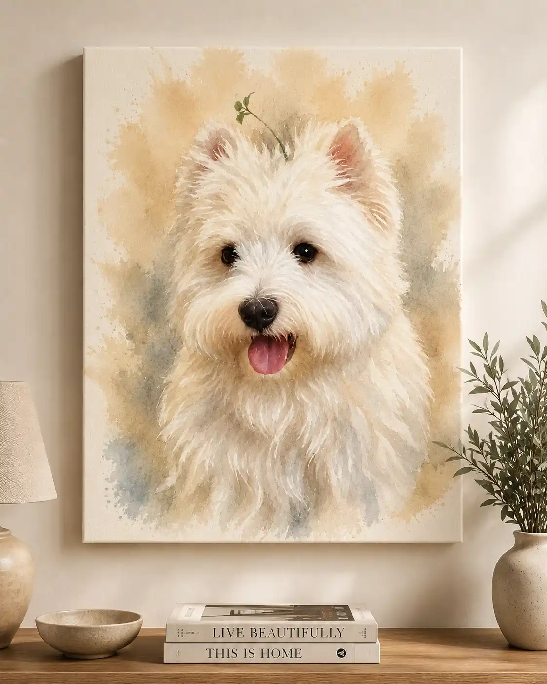 Cozy interior with watercolor canvas pet portrait